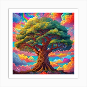 A huge tree among colourful clouds Art Print