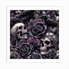 Gothic Skulls And Roses In Dark Shades Pattern Art Print