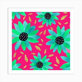 Turquoise Mint On Pink Gold Glitter Polka Dot Center Art Print