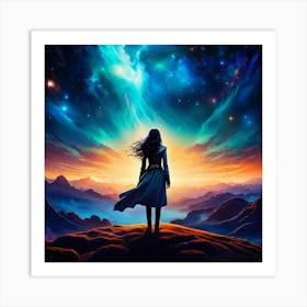 Surrealism Style Digital Painting Of A Celestial Woman Against A Vast Expansive Universe Backdrop Art Print