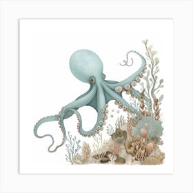 Storybook Style Octopus Exploring The Ocean 1 Art Print