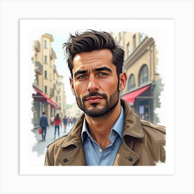 Handsome Spanish Man With Stubble, Watercolor With Urban Backdrop 1 Art Print