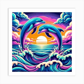 Two Dolphins Jumping Sunset Art Print