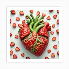 A Heart Shaped Object Made Of Strawberries, Surrounded By Cut Strawberries, Creating A Playful And Whimsical Representation Of Love And Health Art Print