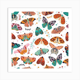 Colorful Hand Drawn Moths And Butterflies Pattern With Florals On White Square Art Print