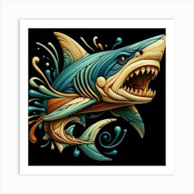 Vibrant Shark Surrounded by Splashing Waves Art Print