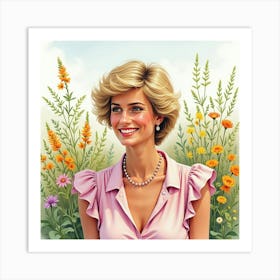 Smiling Princess Diana With Colorful Watercolor Fields Of Wildflowers Behind Her Art Print