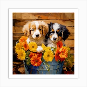 Two Puppies In A Bucket Art Print