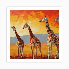 Giraffes In The Sunset Warm Brushstrokes 1 Art Print