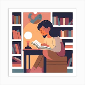 Girl Reading Book In The Library Art Print