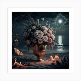 vase of Roses ander moon light 2 Art Print