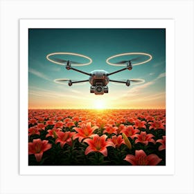 Drone Flying Over Flower Field Art Print