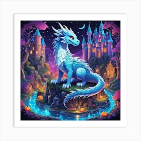 Blue Dragon In A Castle Art Print