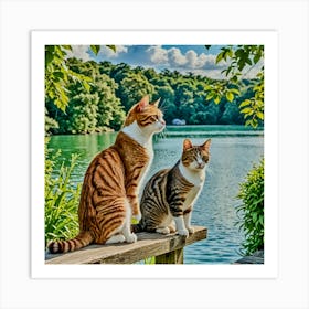 Two Cats On A Wooden Bench Art Print