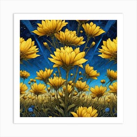 Yellow Flowers In Field With Blue Sky Centered Symmetry Painted Intricate Volumetric Lighting Art Print