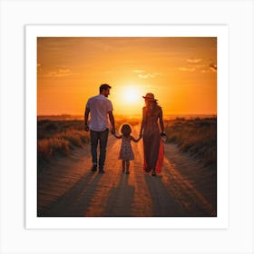 A Family Immersed In A Content Moment Walking Hand In Hand Against A Background Of A Sunset Graduall (4) Art Print