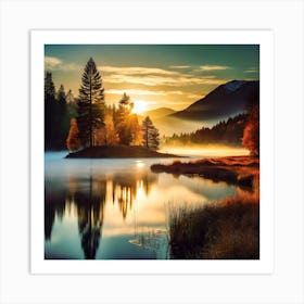 The Sun Setting Over Misty Lake With Gold Grass And Trees In Autumn Art Print