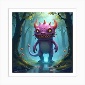 Monster In A Colorful, Watercolor Swamp With Glowing Mist 1 Art Print