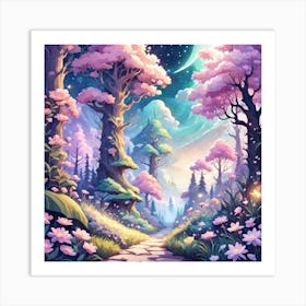 A Fantasy Forest With Twinkling Stars In Pastel Tone Square Composition 66 Art Print