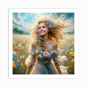 Girl In A Flower Field Art Print