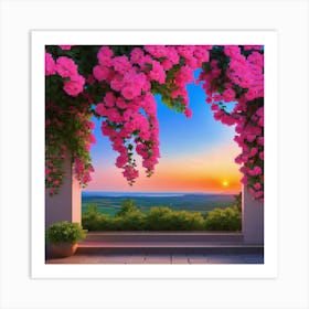 Pink Flowers Sunset Read Shade Flowers Blue Sky Beautiful Location Sunset View Wall Art Print