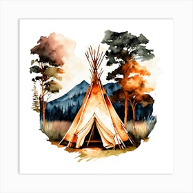 Watercolor Painting Of Indian Tent In A Peaceful Outdoor Setting Art Print