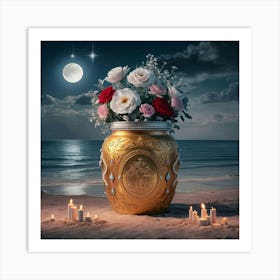 A golden jar on beach under moonlight 1 Art Print