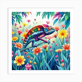 A Chameleon Blending Into A Field Of Rainbow Flowers, Set In A Vibrant Watercolor Jungle Art Print