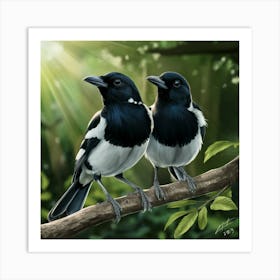 Curious Companions: Magpies in a Sunlit Forest - A Vivid Digital Illustration Art Print