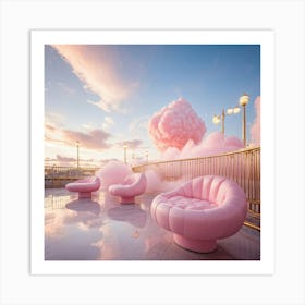 Pink Mall Floating In A Cotton Candy Sky Cloud Like Benches Scattered Throughout Golden Highlights Art Print