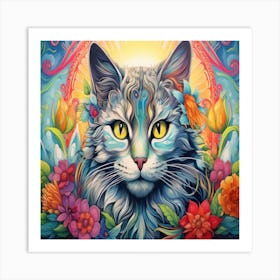 Cat With Flowers Art Print