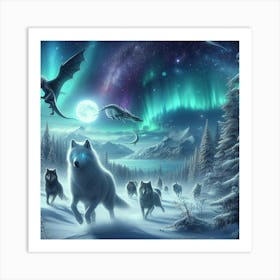 Snowy Wolf Pack Family 1 Art Print