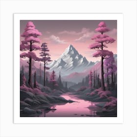 Pink Mount Everest Nepal Forest and Mountain Silhouette Landscape Art Print