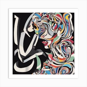 An Image Of A Woman With Letters On A Black Background, In The Style Of Bold Lines, Vivid Colors, Gr (2) Art Print