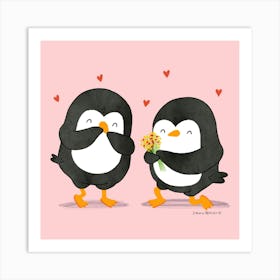 Cute Penguins in love on a date Art Print