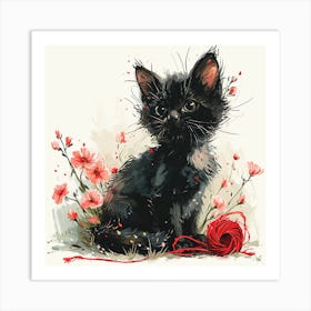 Black Kitten With Flowers Art Print