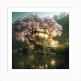 Cherry Blossom Tree House 1 Art Print