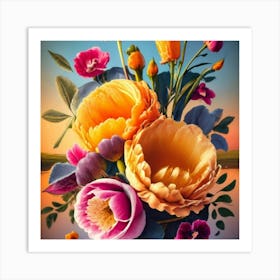 Orange, purple and yellow flowers 10 Art Print