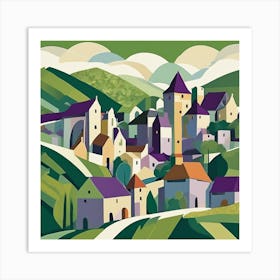 Quaint Medieval Town Cubism Style Art Print