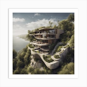 Very Amazing House On Mountain Surrounded By A Lot Of Tree And Near Of Beach Or River Art Print