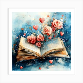 Watercolor Romantic Book Roses Hearts 4 Art Print