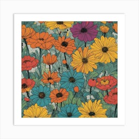 Chevron + Daisy+ Poppy+ Marigolds Pattern Overlay Art Print