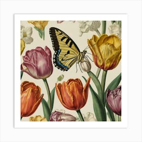 Tulips And Butterflies 2 Art Print