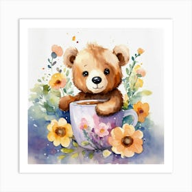 Teddy Bear In Cup style watercolor Art Print