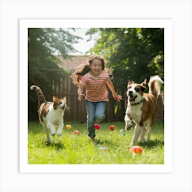 Girl Playing With Dogs Art Print