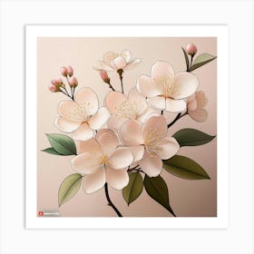 Firefly Soft Cherry Blossoms With Minimal Black Outlines On A Beige Background, With Subtle Leaves I (2) Art Print