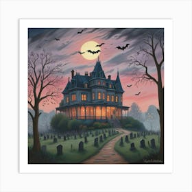 Haunted Manor Bats Under The Blood Moon (4) Art Print