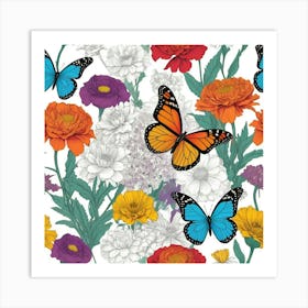 Seamless Pattern With Butterflies And Flowers 1 Art Print