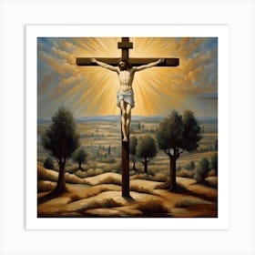 A Biblically Inspired Painting Of Jesus Crucifixion The Central Figure Standing Tall Against A Som 466855030 Art Print