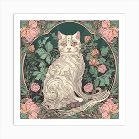 William Morris  Inspired  Classic Cats With Stars Sage And Pink Square Art Print
